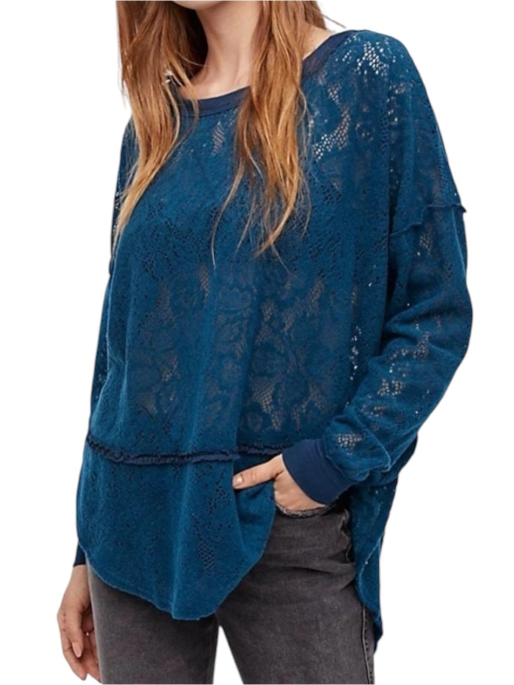Free People Not Cold In This Teal Oversized Lace Top